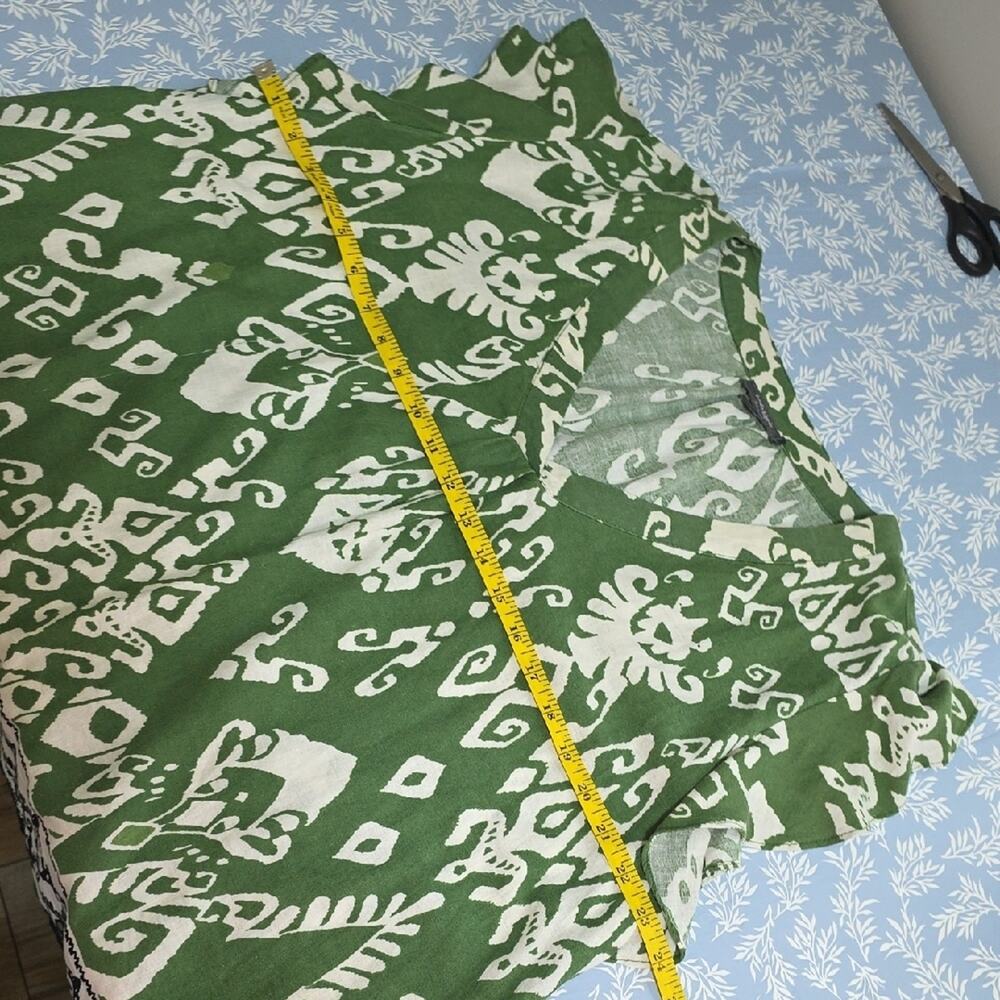 Womens Sz 1X Green/White Ikat BOHO Flutter Sleeve Linen Blend Haute Hippie Top - Picture 9 of 12
